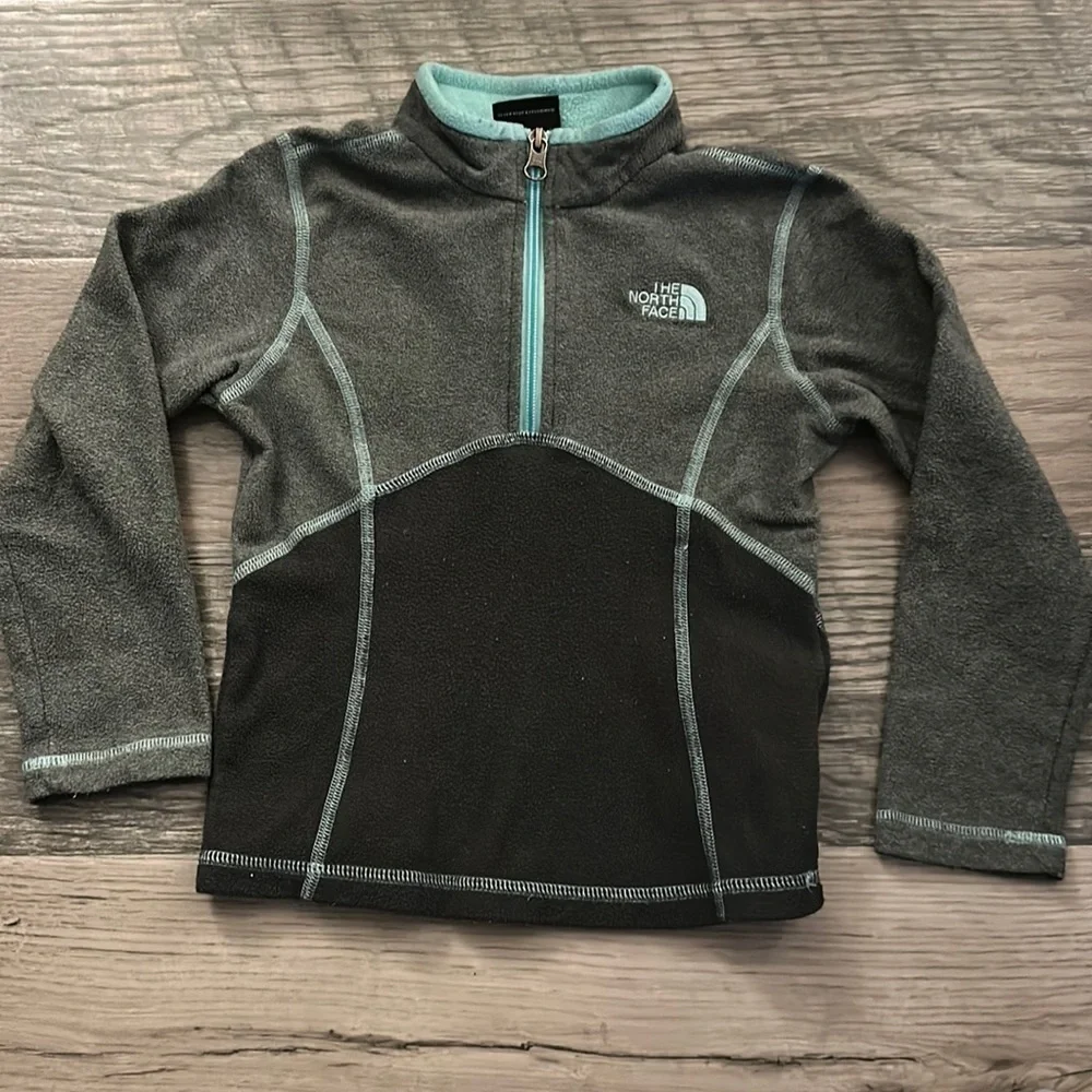North face fleece 1/4 zip gray/teal‎ girls XXS